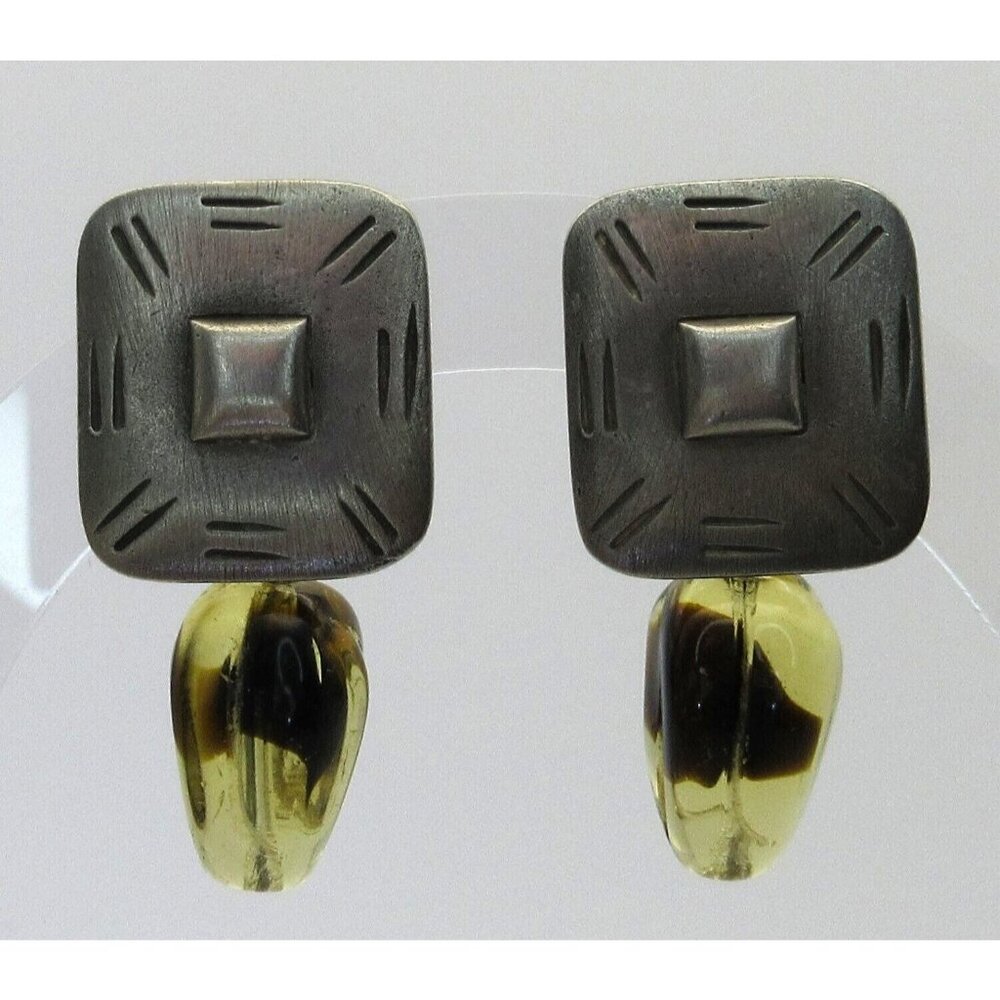 Mei Fa Vintage Square Earrings Dangle Tortoise Shell Glass Bead Silver Tone